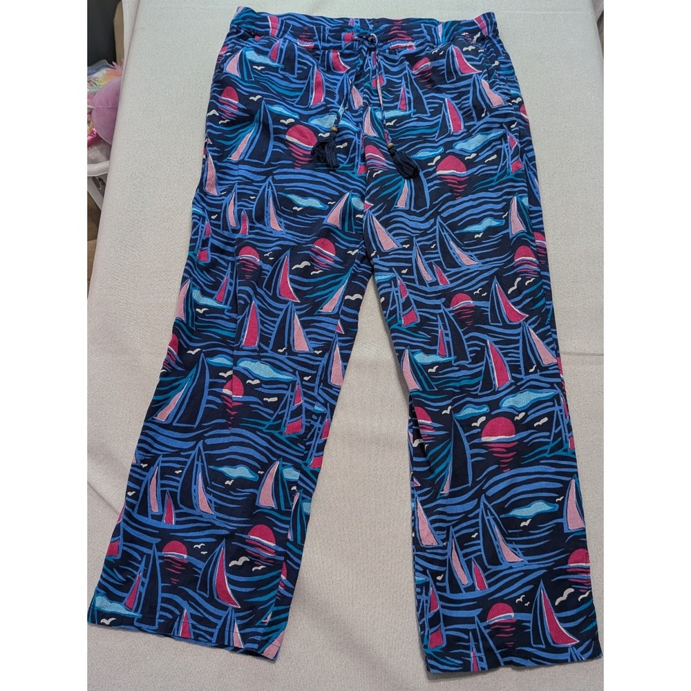 Talbots Pajama Pants Women Large Blue Sailboat Print Excellent Cotton Wide Leg